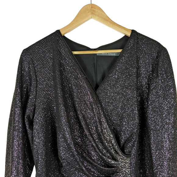 Julia Jordan Dress XL Black Silver Ombre Surplice Neck Pleated Sparkle Cocktail - Picture 2 of 11